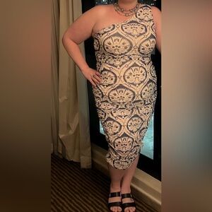 Floral Cream & Blue One Shoulder Super Stretch Bodycon Dress